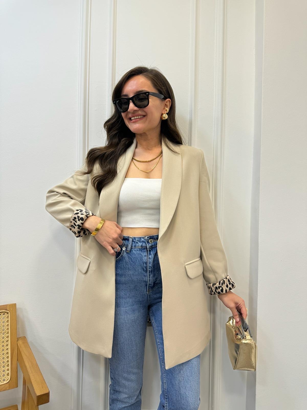 Taş Premıum Kalite Leopar Astarlı Blazer Ceket 9227