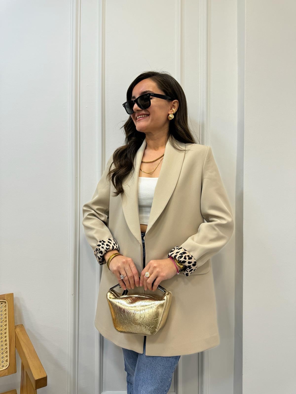 Taş Premıum Kalite Leopar Astarlı Blazer Ceket 9227