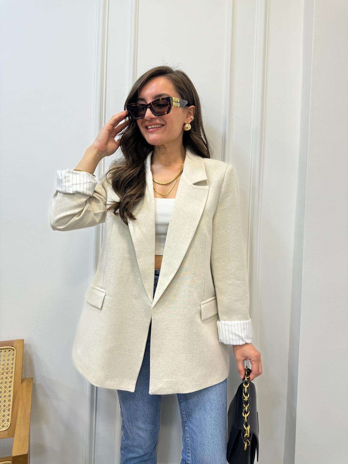 Taş Premıum Seri Çizgili Astarlı Keten Blazer Ceket 9158