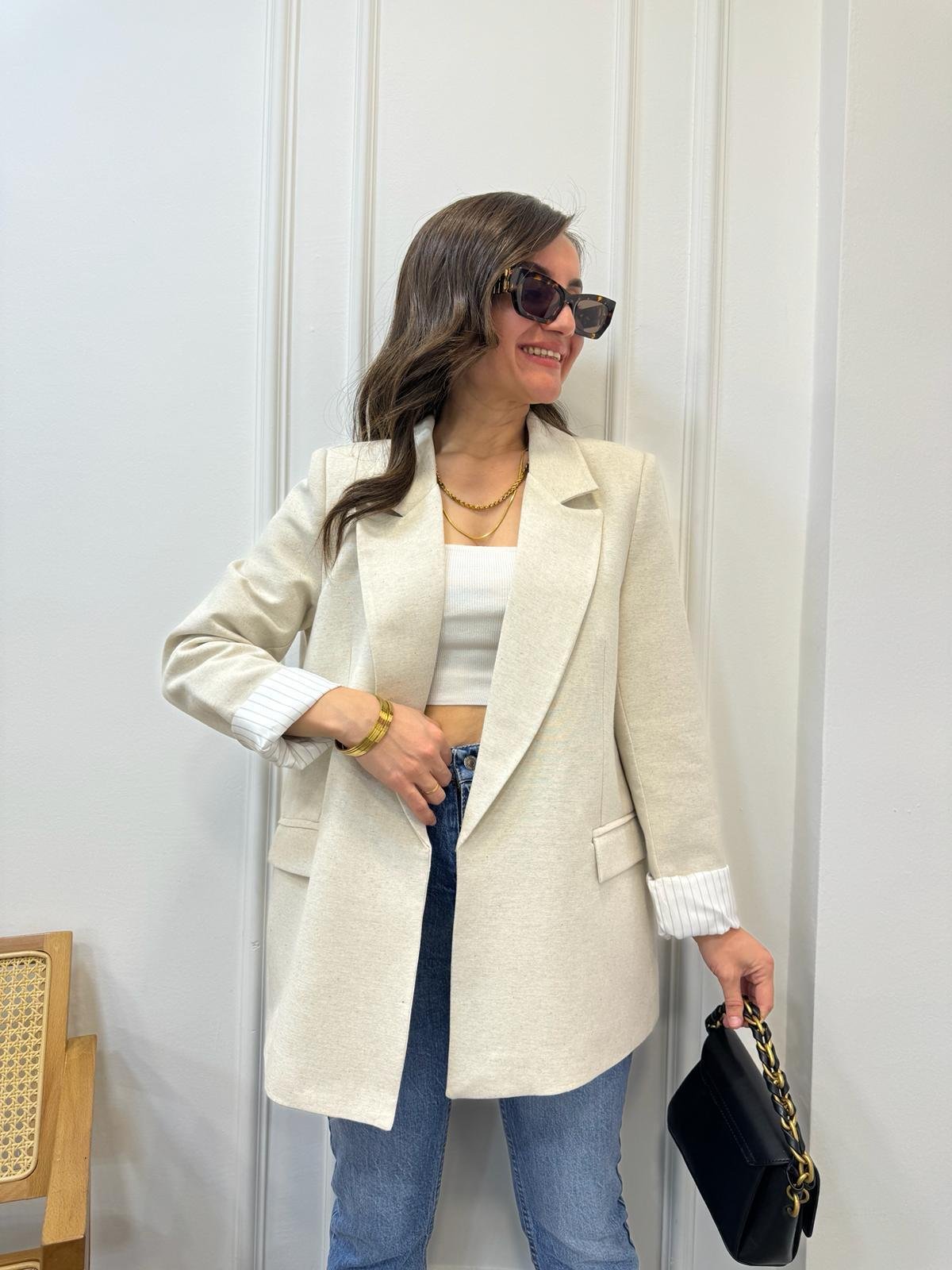 Taş Premıum Seri Çizgili Astarlı Keten Blazer Ceket 9158