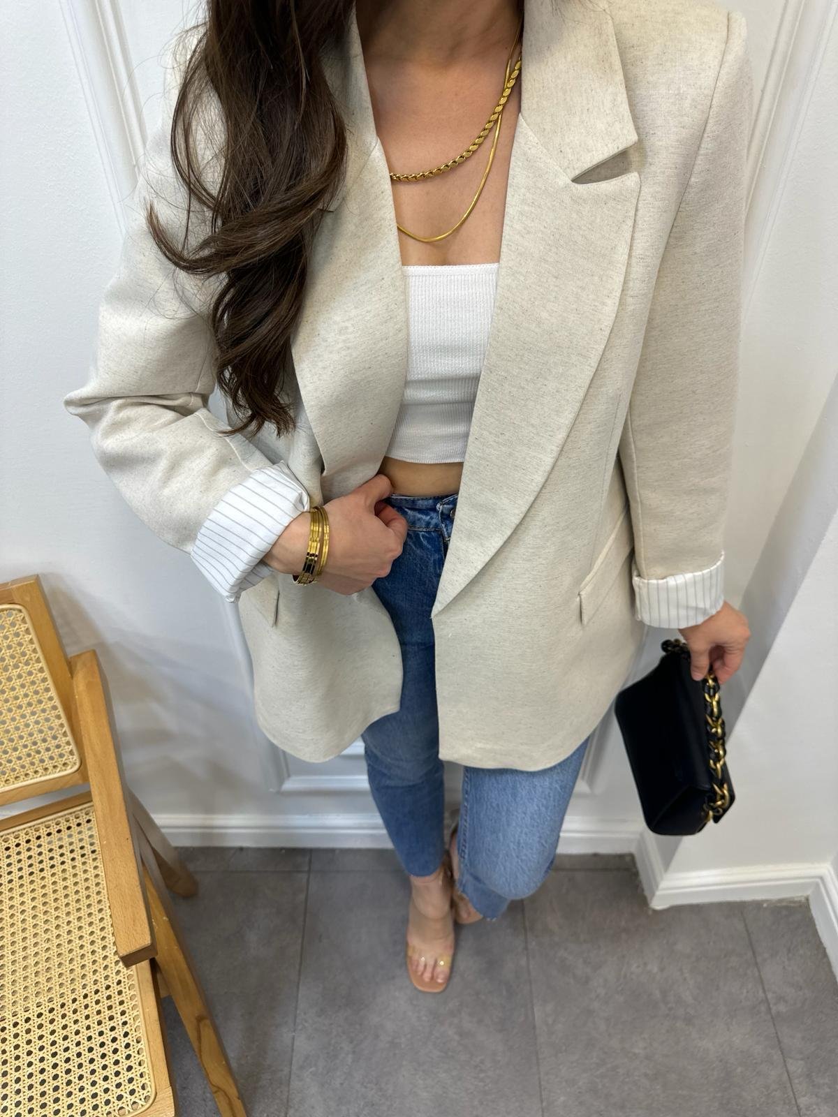 Taş Premıum Seri Çizgili Astarlı Keten Blazer Ceket 9158
