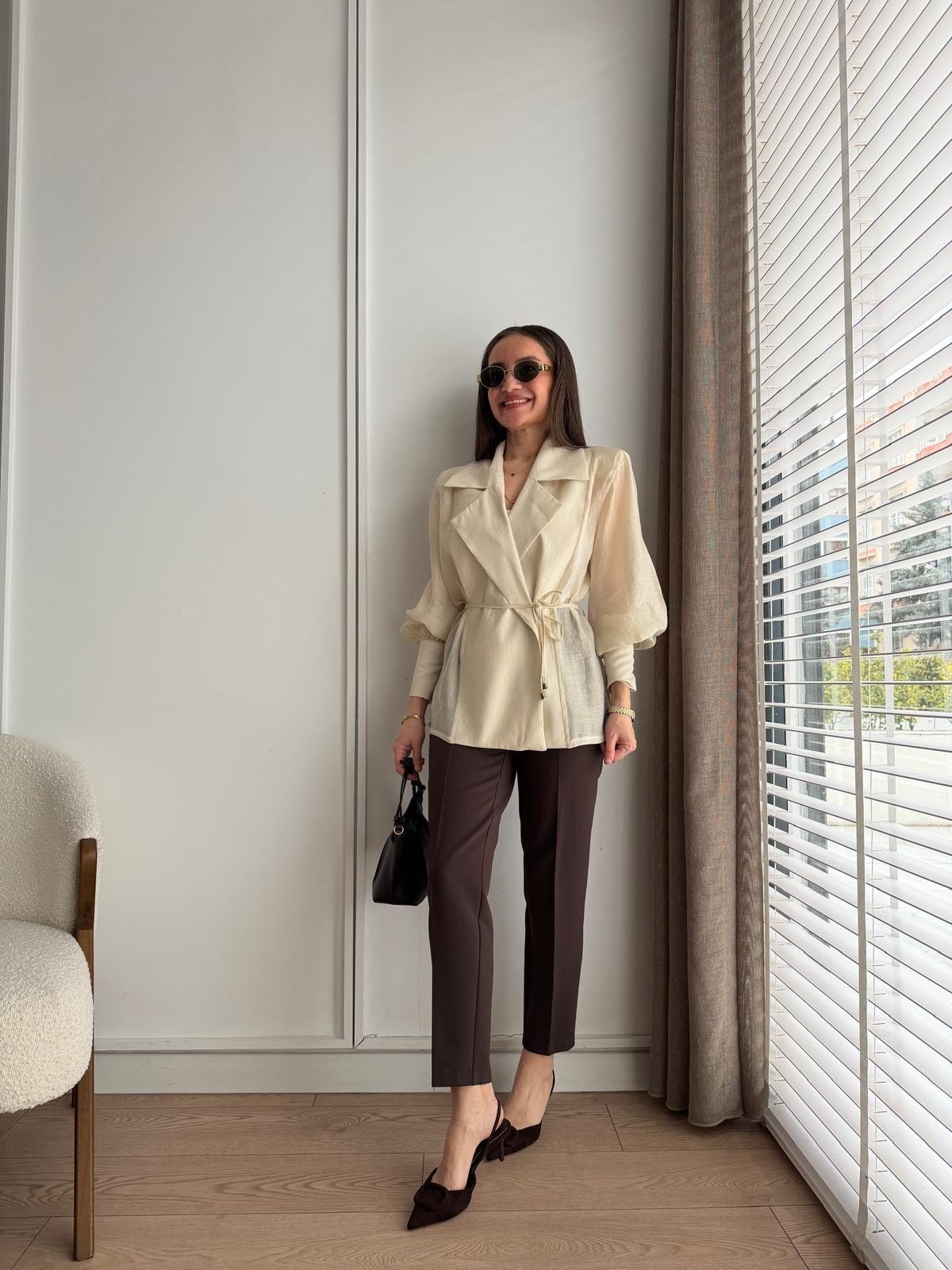Taş Vatkalı Transparan Kimono Gömlek 5029