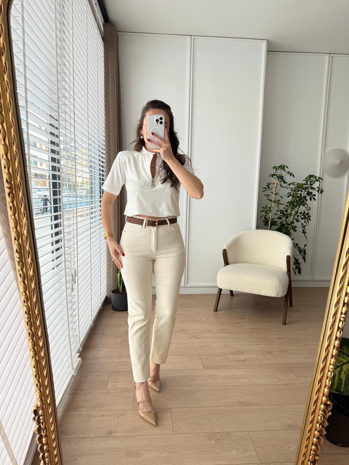 Taş Yüksek Bel Full Likralı Paçası Kesik Mom Jean 0764