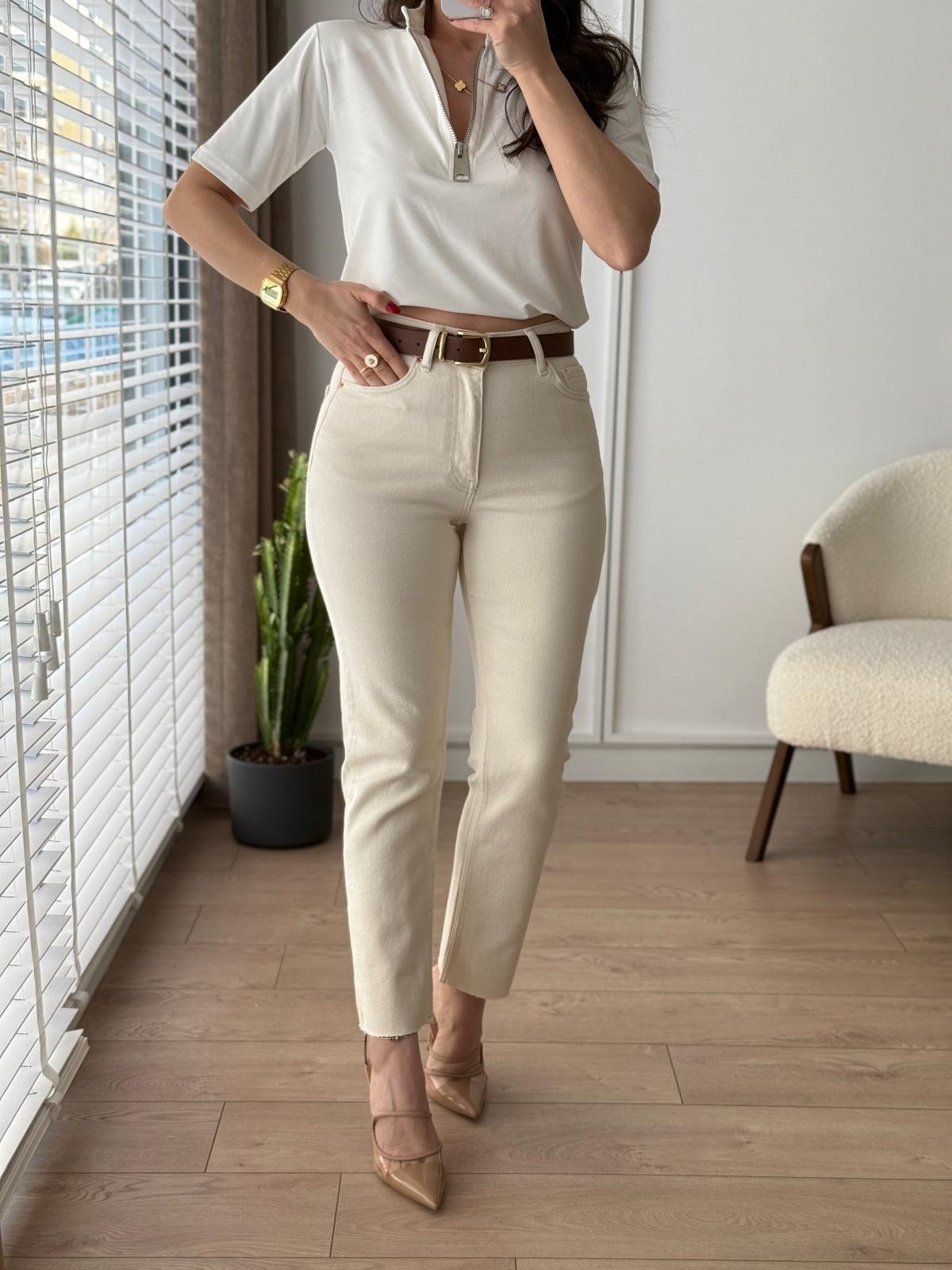 Taş Yüksek Bel Full Likralı Paçası Kesik Mom Jean 0764