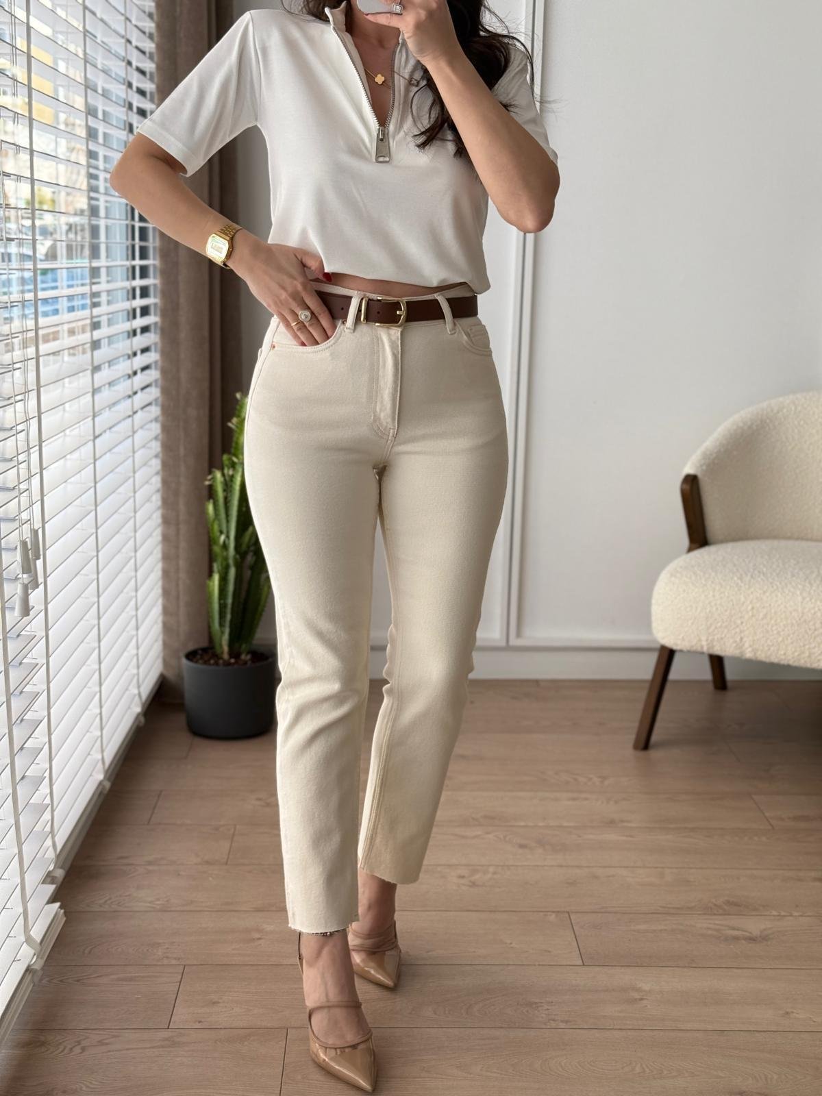 Taş Yüksek Bel Full Likralı Paçası Kesik Mom Jean 0764