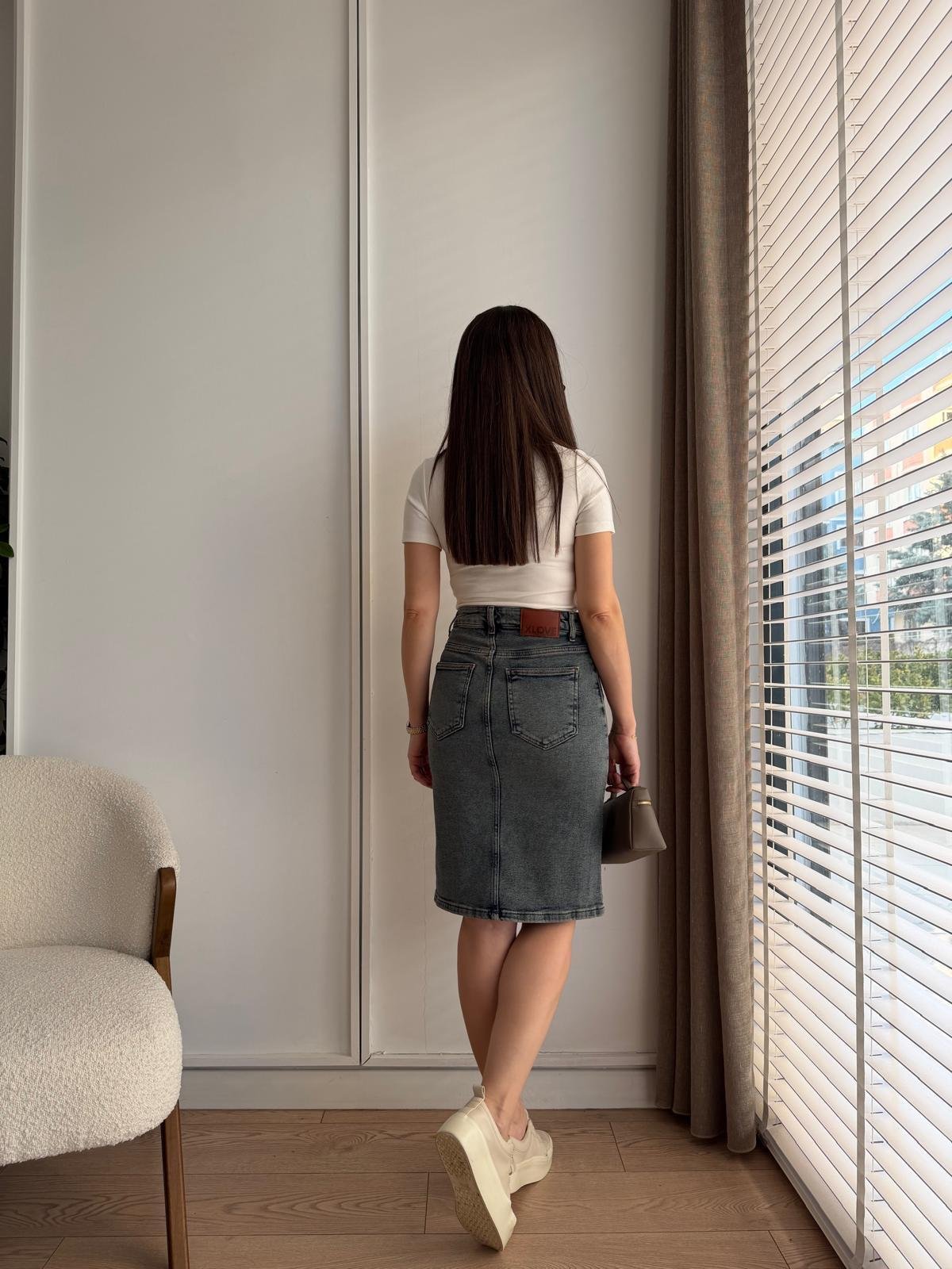 Taşlama Cepli Denim Etek 1039