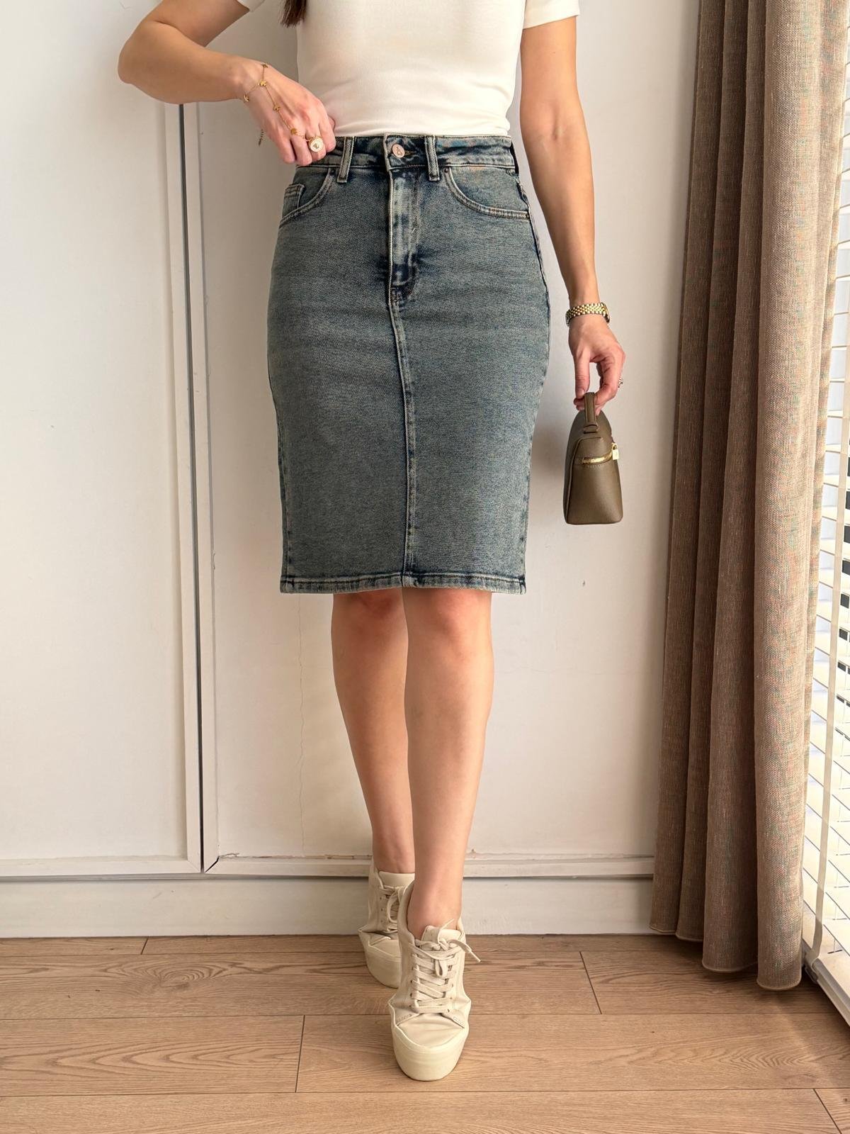 Taşlama Cepli Denim Etek 1039