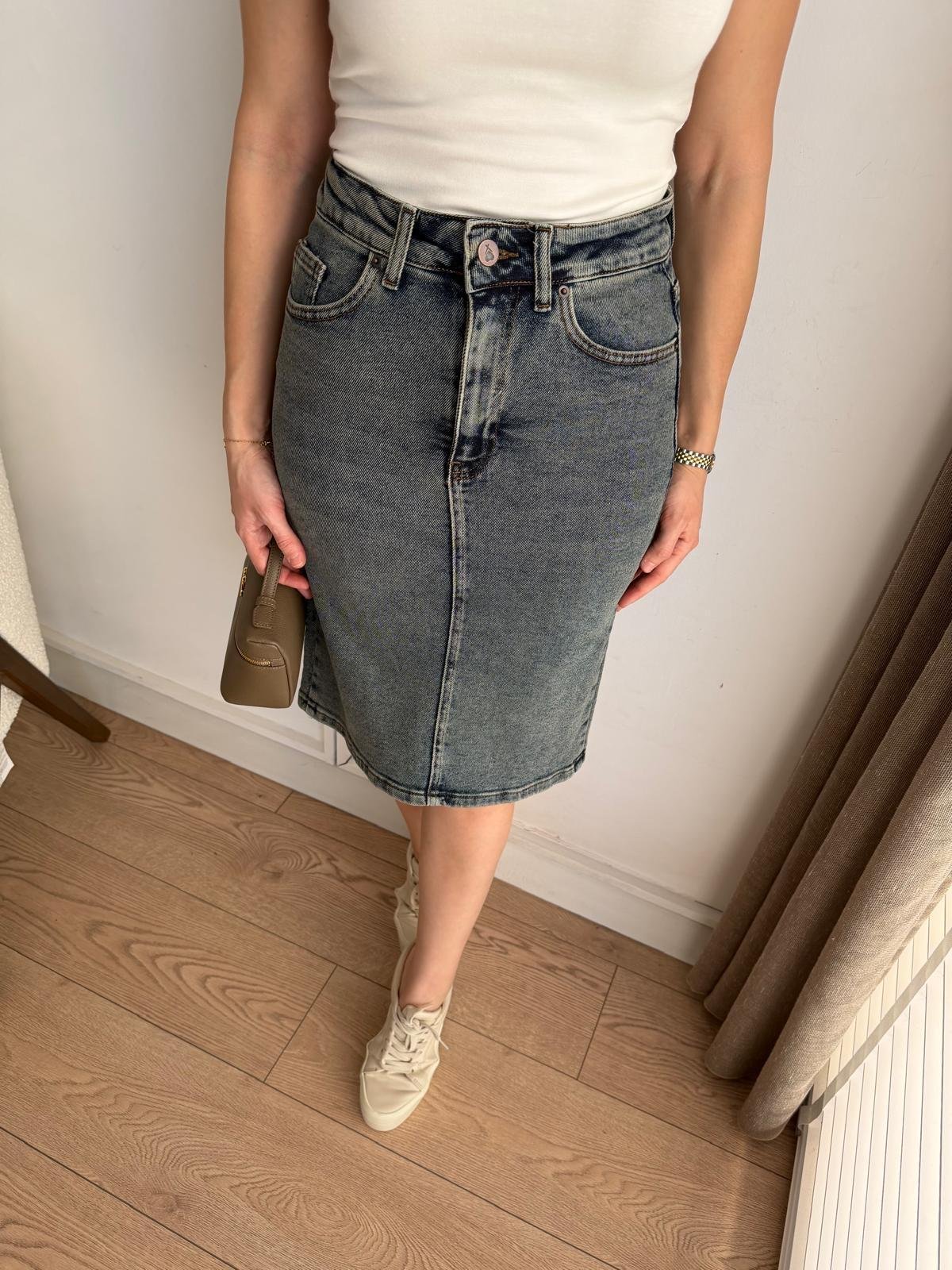 Taşlama Cepli Denim Etek 1039