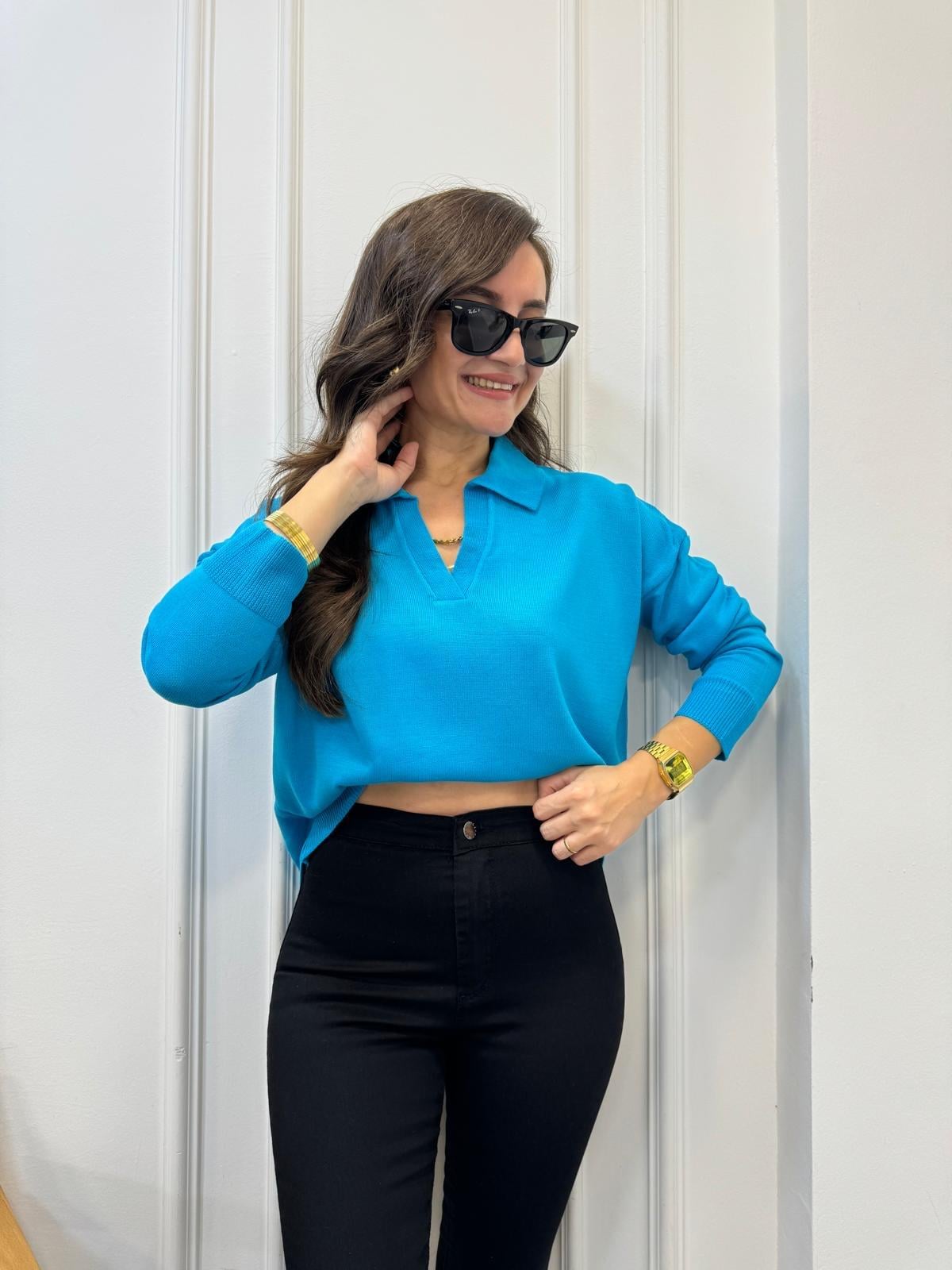 Turkuaz Polo Yaka Triko Bluz 3215