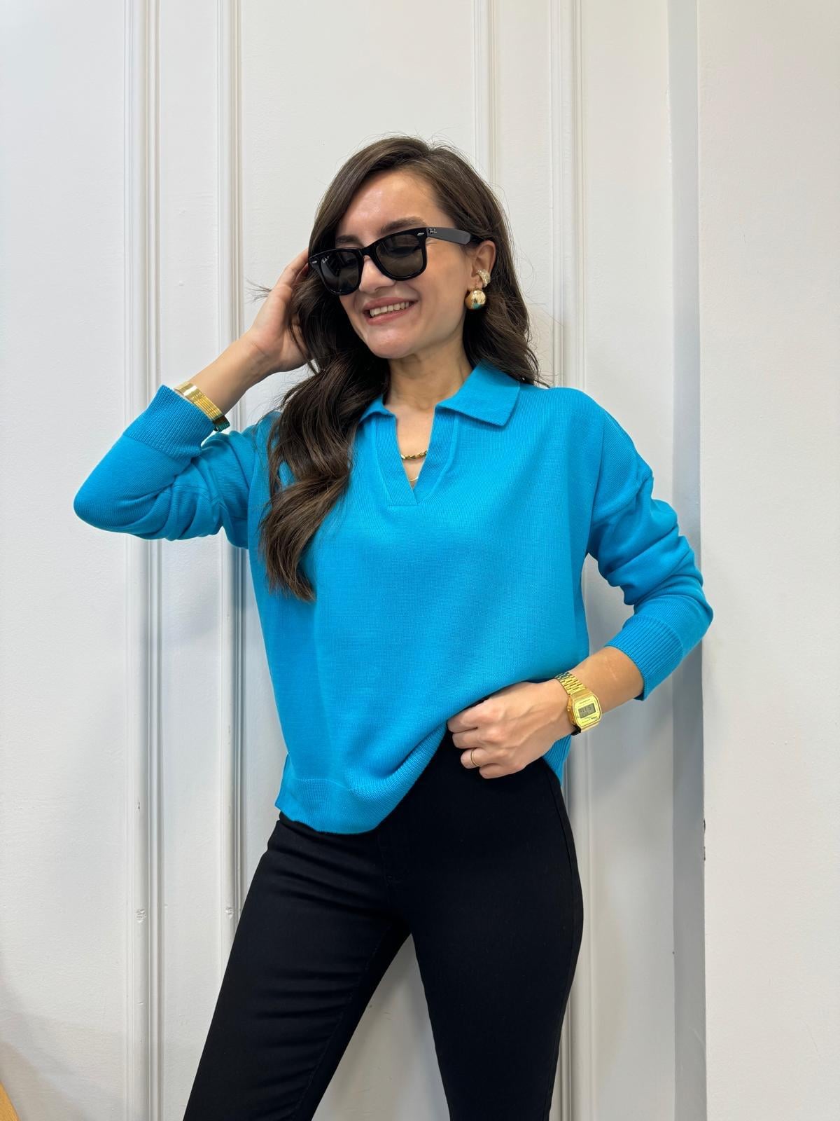 Turkuaz Polo Yaka Triko Bluz 3215