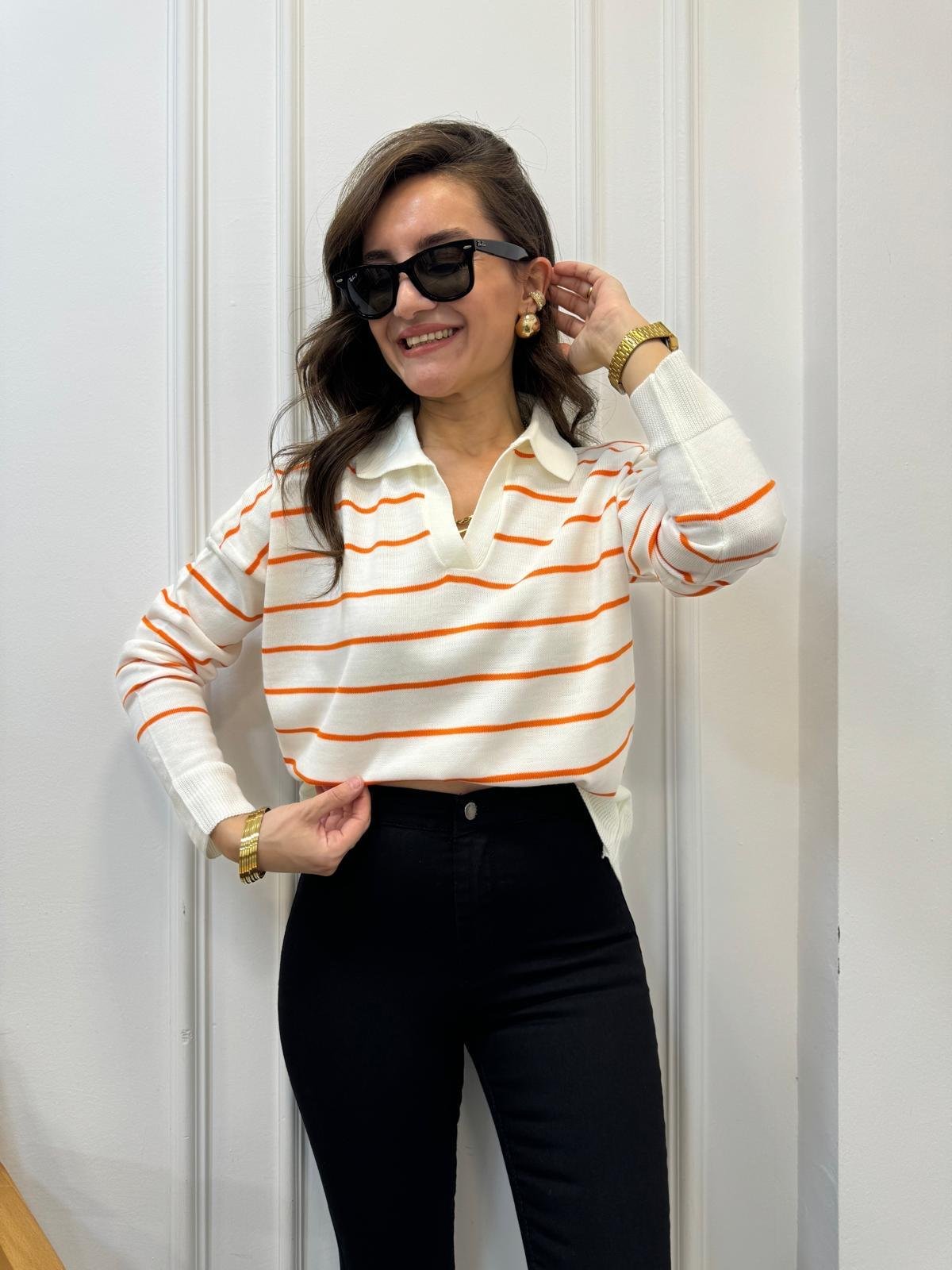 Turuncu Ekru Çizgili Polo Yaka Triko Bluz 3276