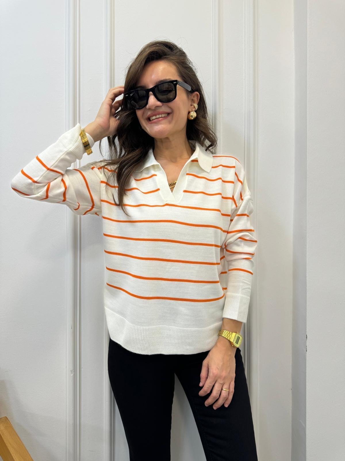 Turuncu Ekru Çizgili Polo Yaka Triko Bluz 3276