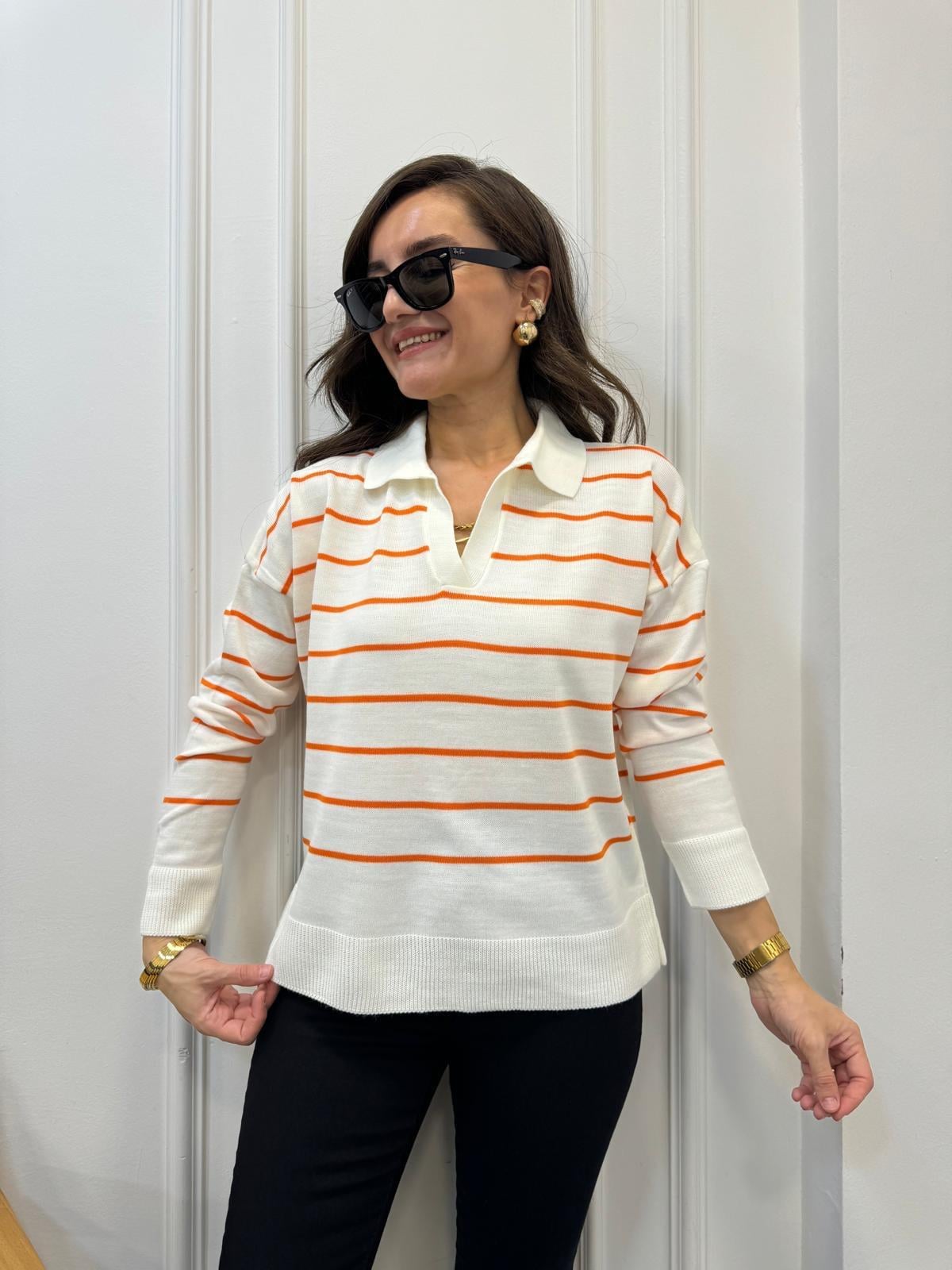 Turuncu Ekru Çizgili Polo Yaka Triko Bluz 3276
