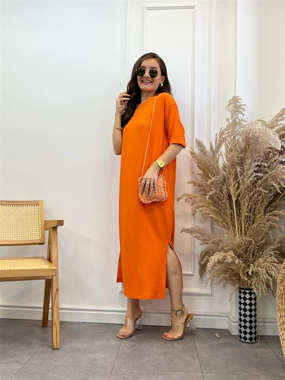 Turuncu Gofre Kumaş Yırtmaçlı Basic Elbise 0411