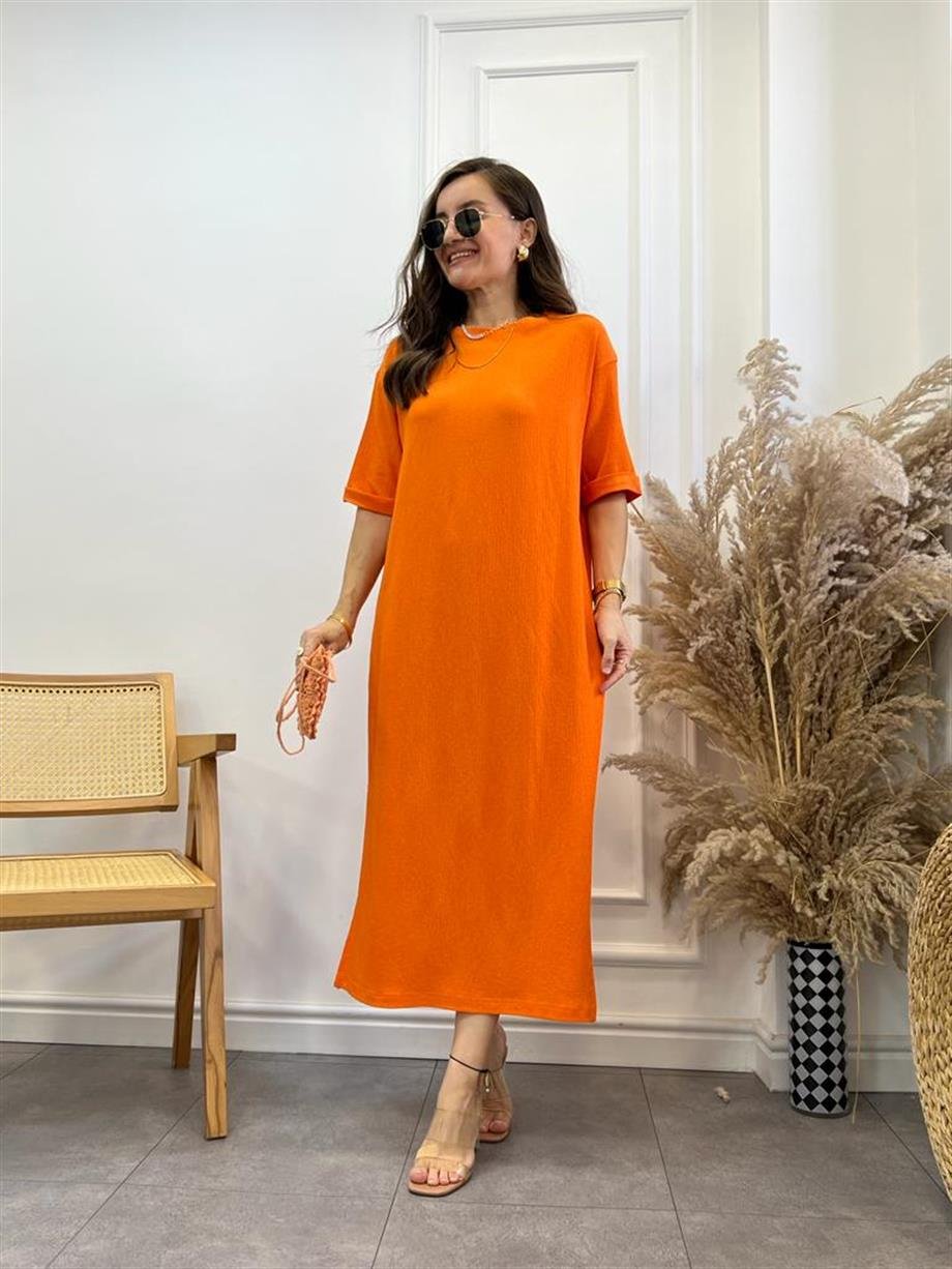 Turuncu Gofre Kumaş Yırtmaçlı Basic Elbise 0411