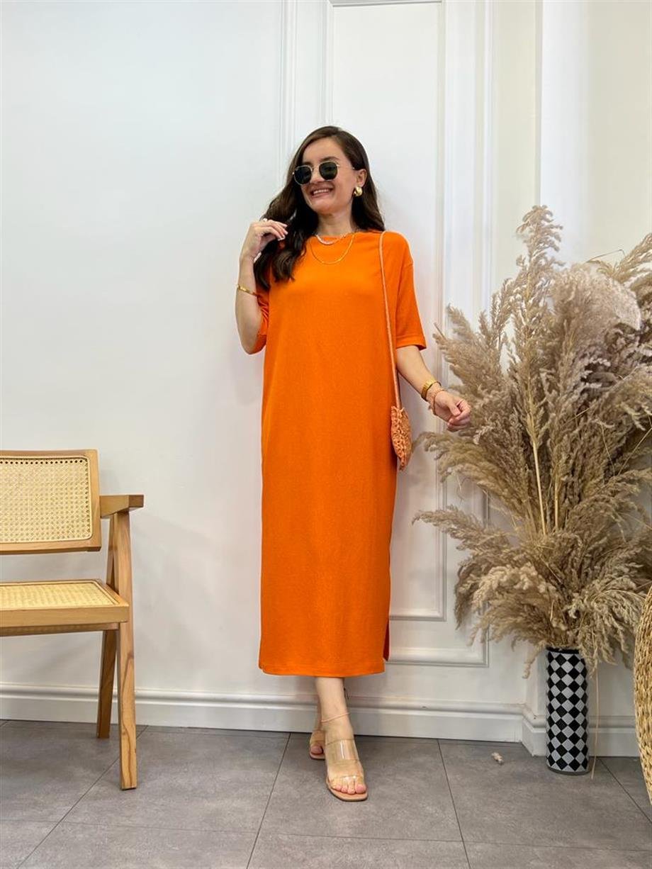 Turuncu Gofre Kumaş Yırtmaçlı Basic Elbise 0411