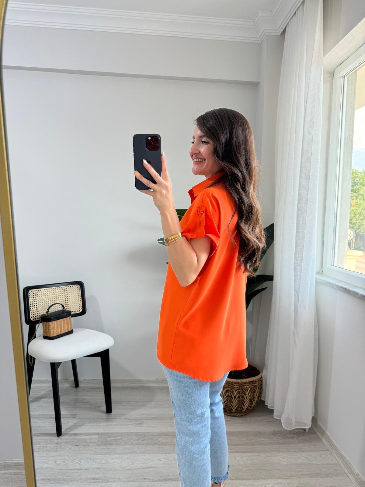 Turuncu Omuz Detaylı Kolsuz Gömlek 504