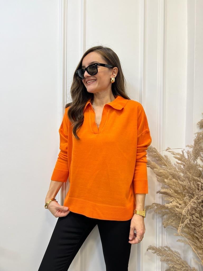 Turuncu Polo Yaka Triko Bluz 3215