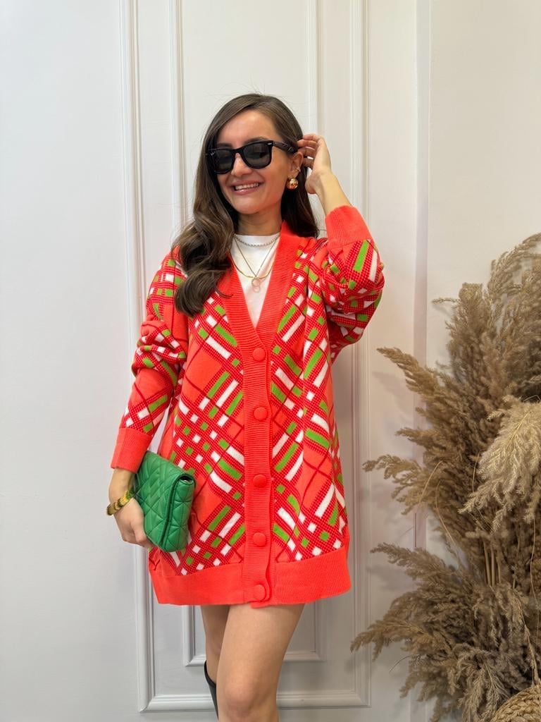 Turuncu Renkli Desenli Triko Hırka 2028