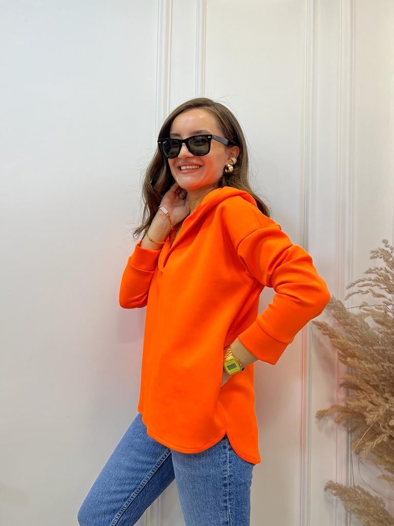 Turuncu Scuba Kumaş Kapüşonlu Sweatshirt 1001