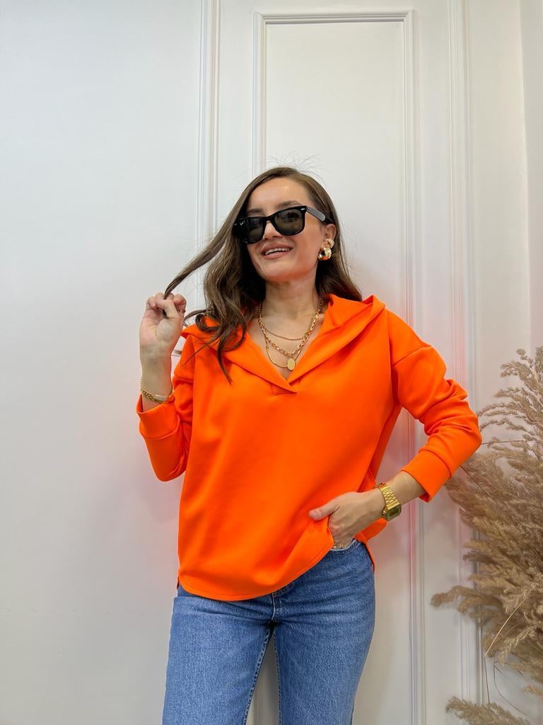 Turuncu Scuba Kumaş Kapüşonlu Sweatshirt 1001