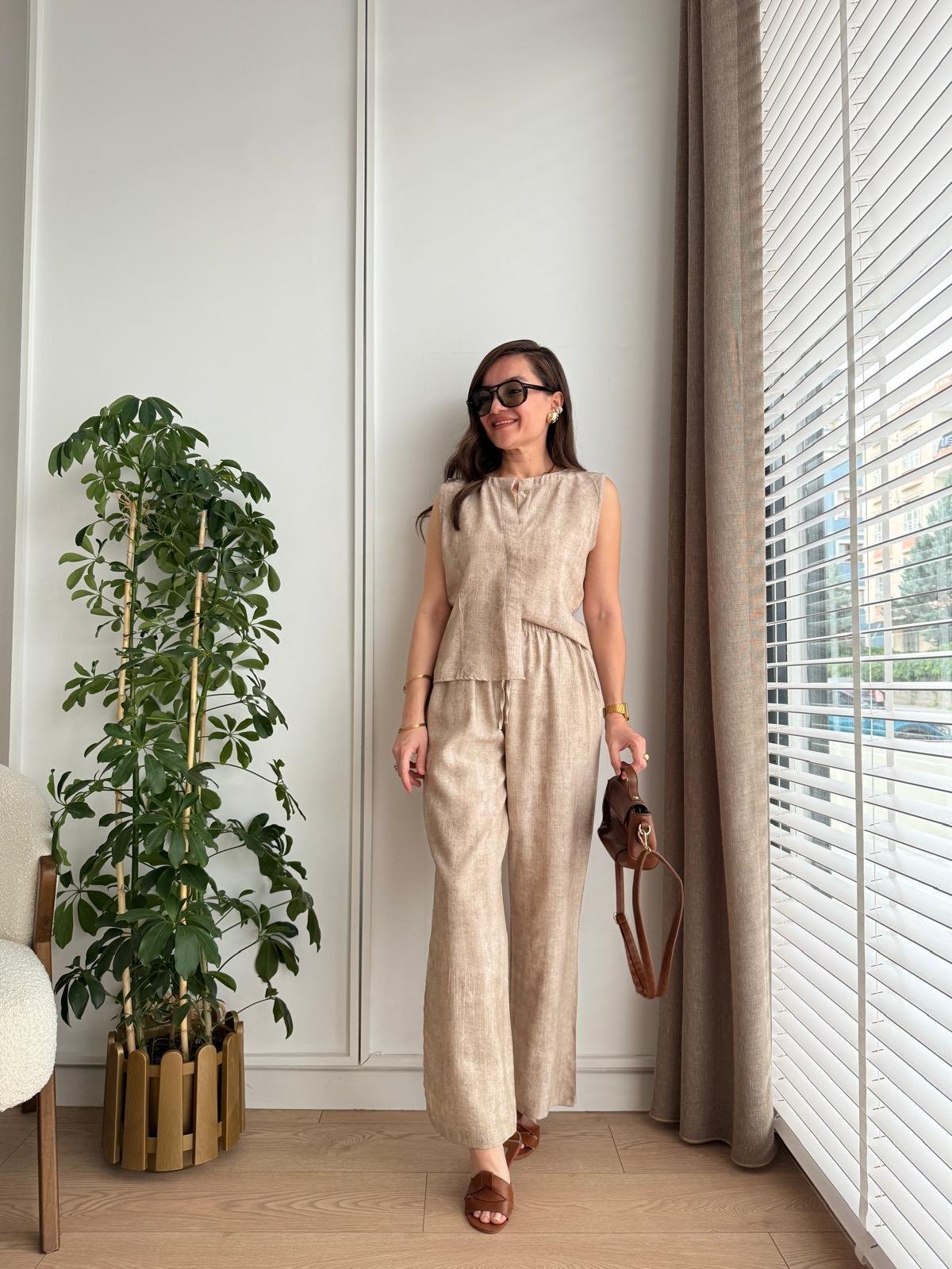 Vizon Bambu Kumaş Düğmeli Bluz Pantolon Takım 505