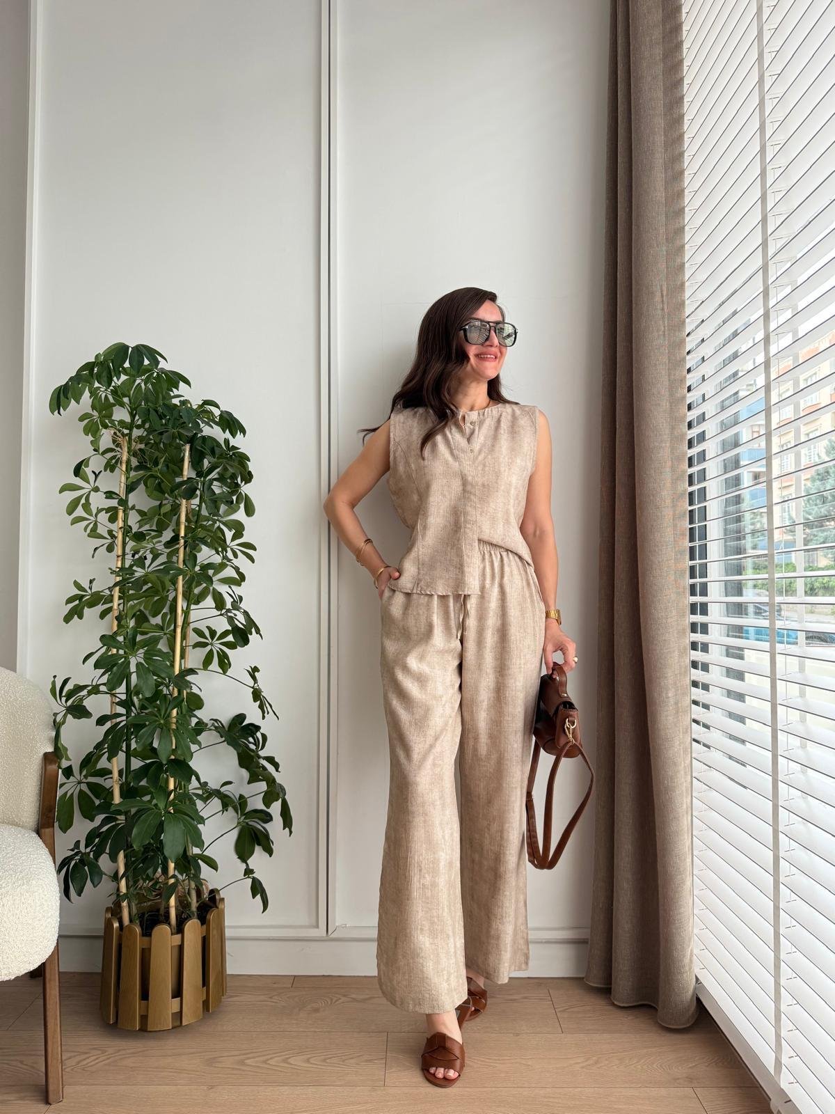 Vizon Bambu Kumaş Düğmeli Bluz Pantolon Takım 505