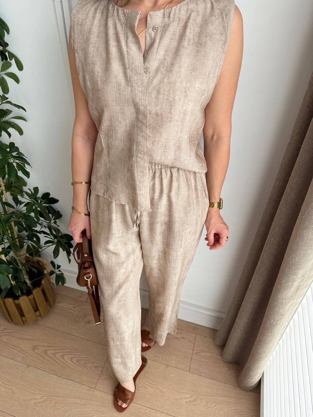 Vizon Bambu Kumaş Düğmeli Bluz Pantolon Takım 505