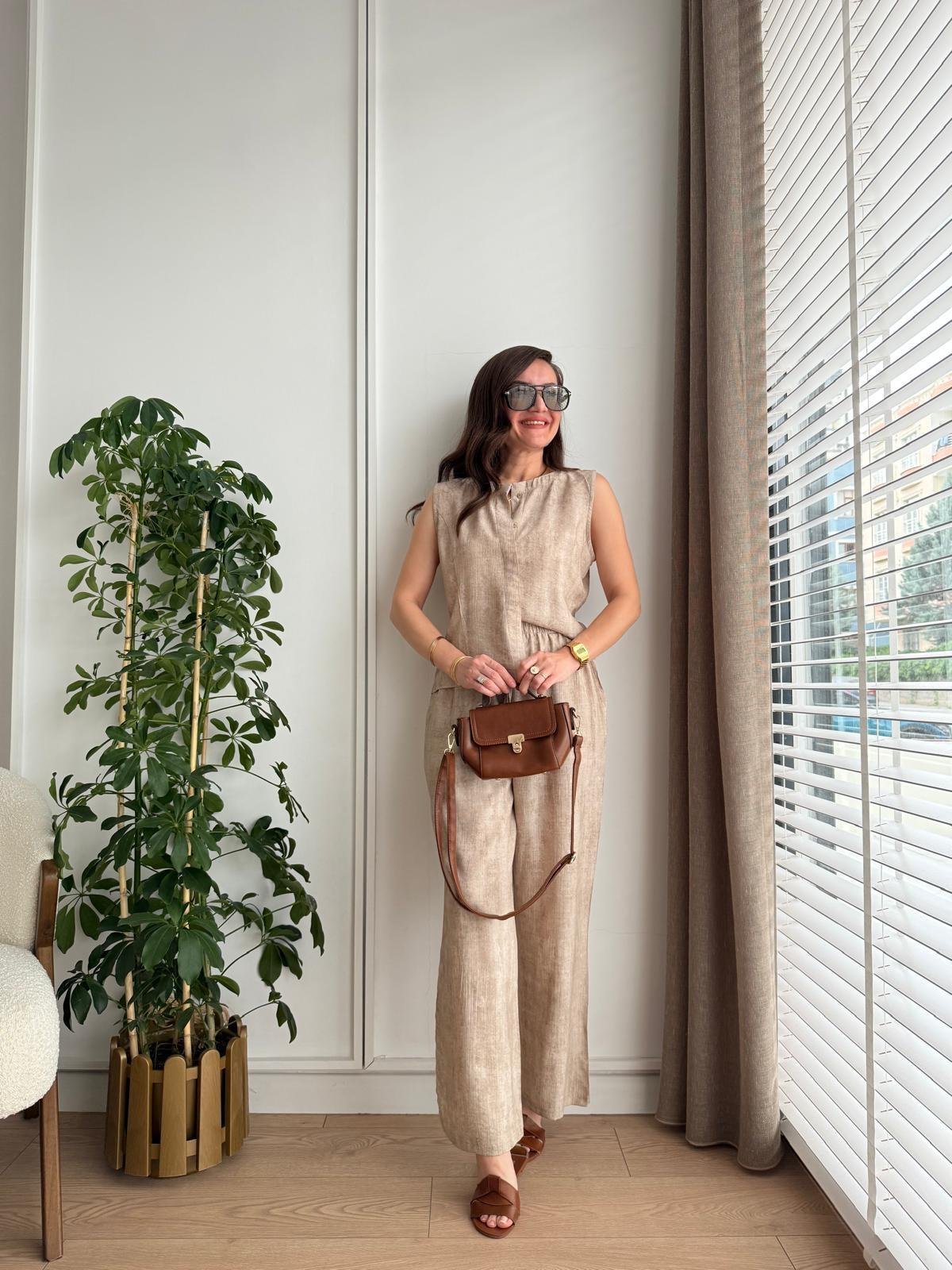 Vizon Bambu Kumaş Düğmeli Bluz Pantolon Takım 505