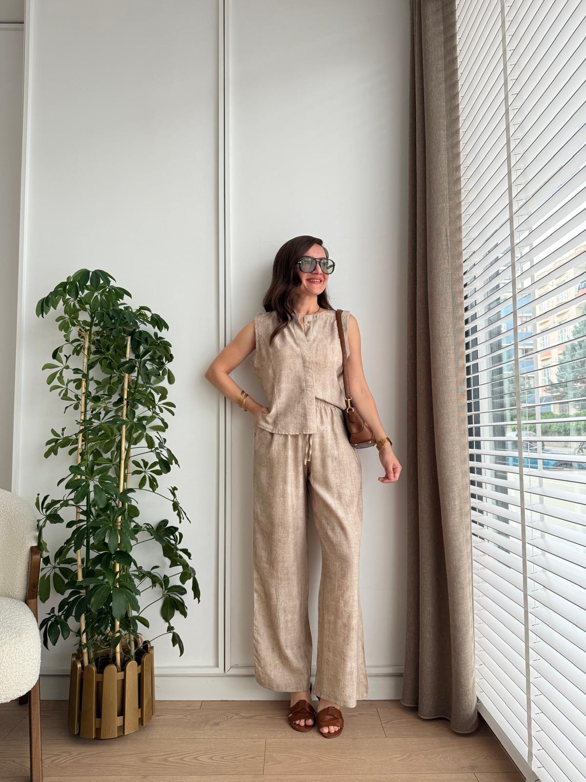 Vizon Bambu Kumaş Düğmeli Bluz Pantolon Takım 505