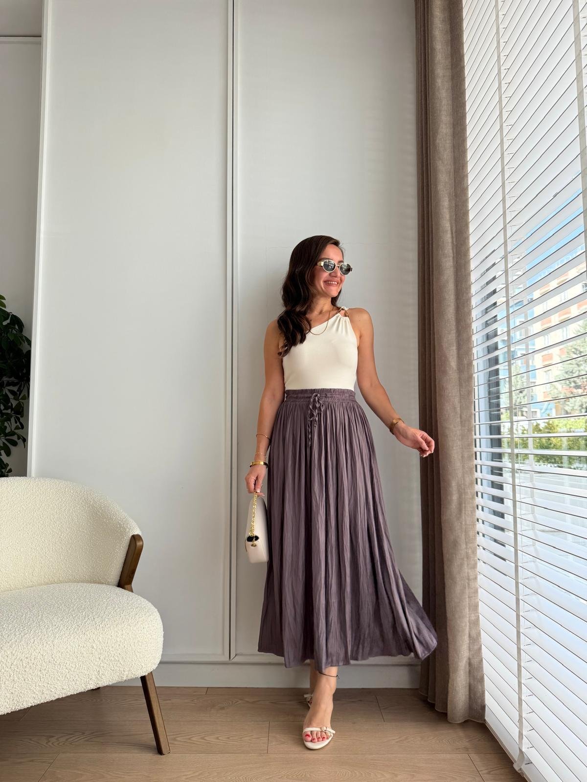 Vizon Bel Bağlamalı Chruslı Midi Boy Etek 02947
