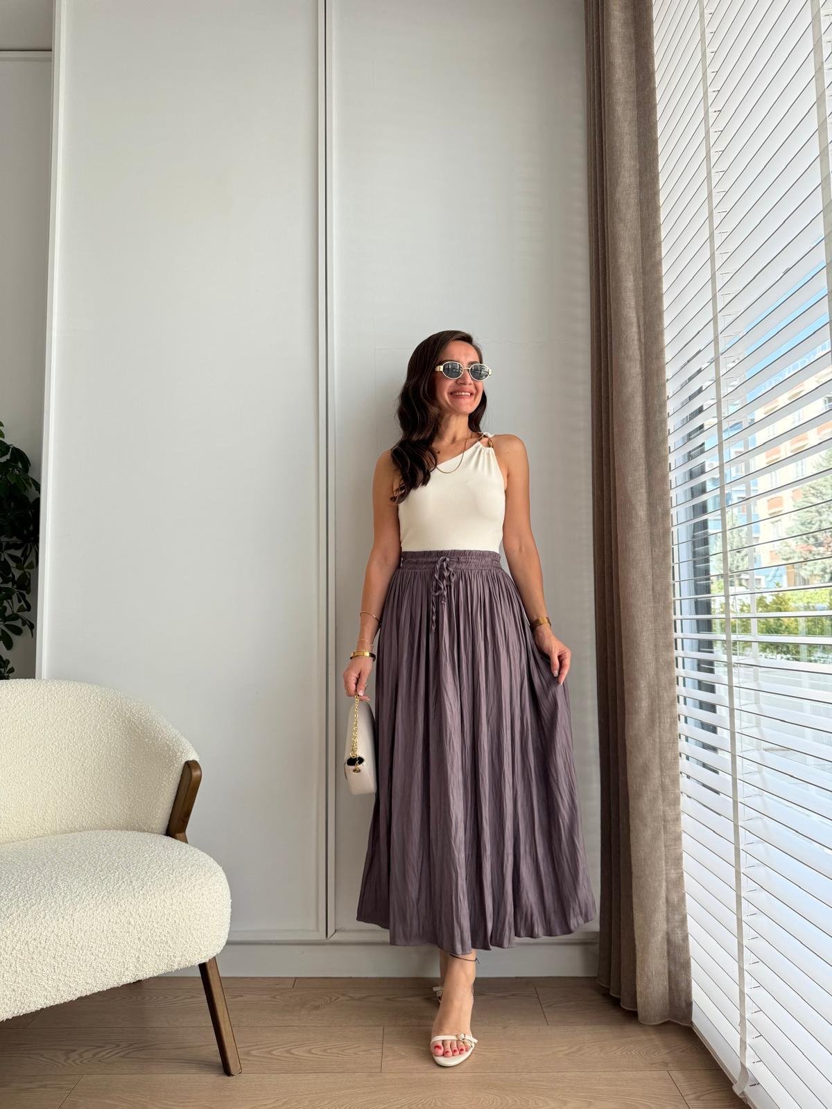 Vizon Bel Bağlamalı Chruslı Midi Boy Etek 02947