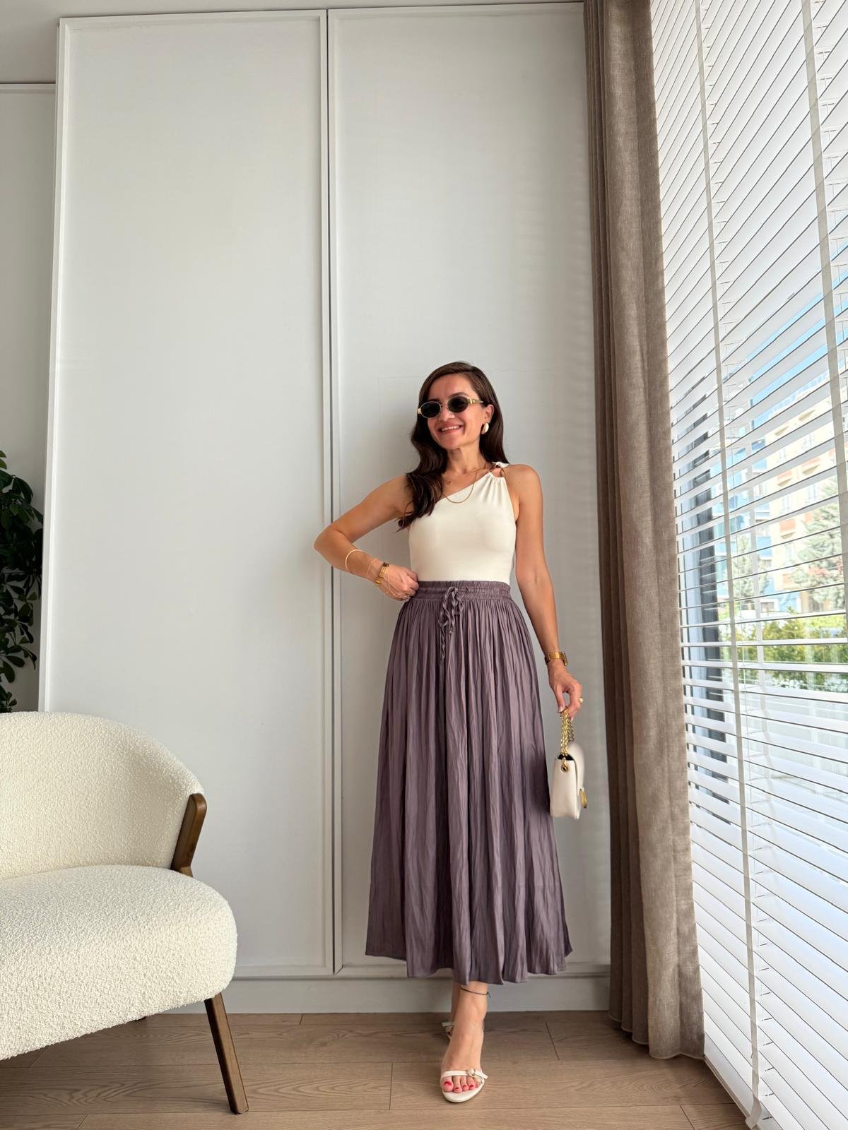 Vizon Bel Bağlamalı Chruslı Midi Boy Etek 02947