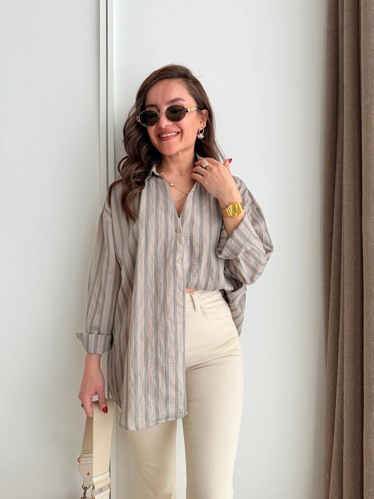 Vizon Çizgili Oversize Gömlek 5299