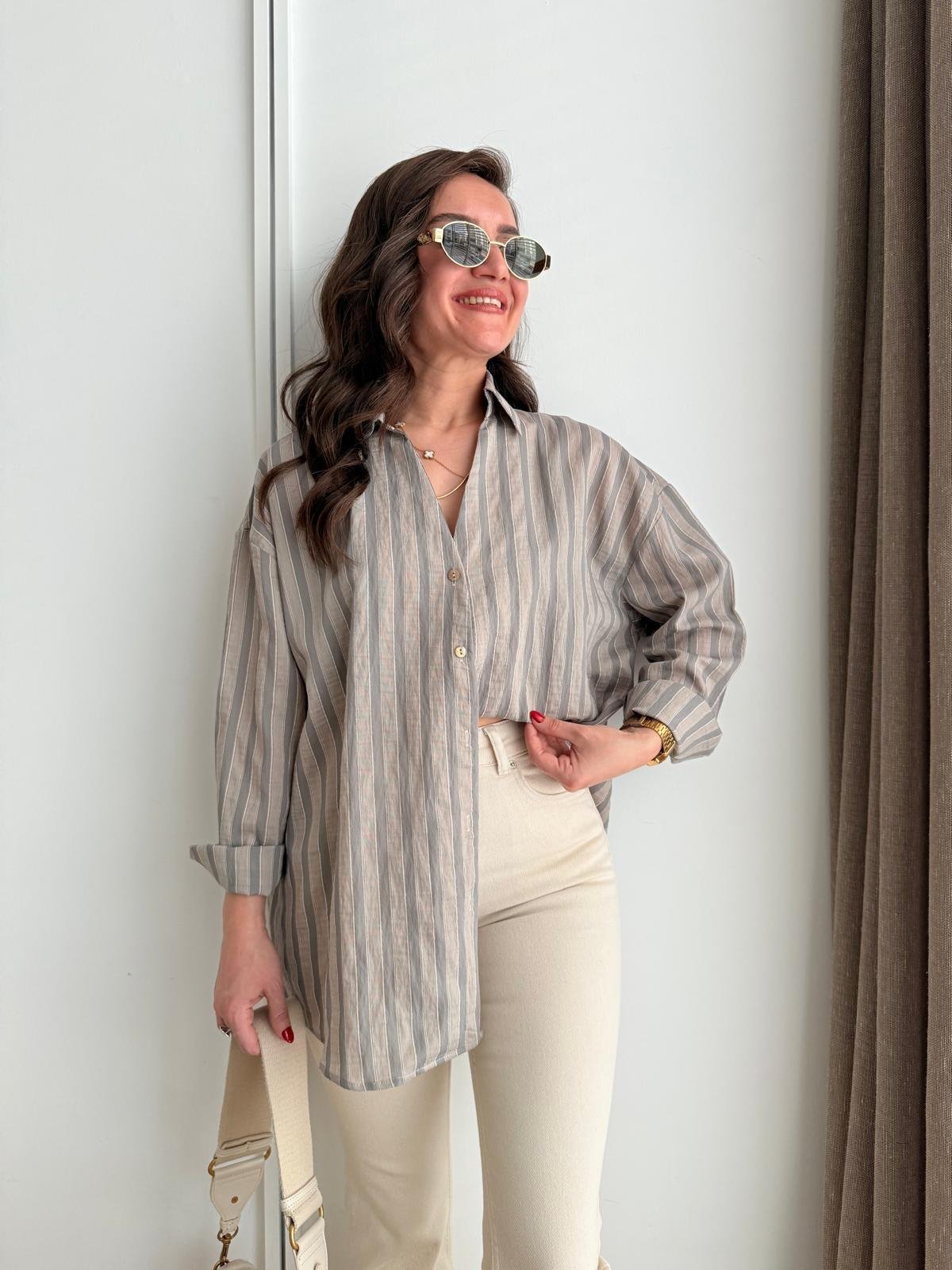Vizon Çizgili Oversize Gömlek 5299