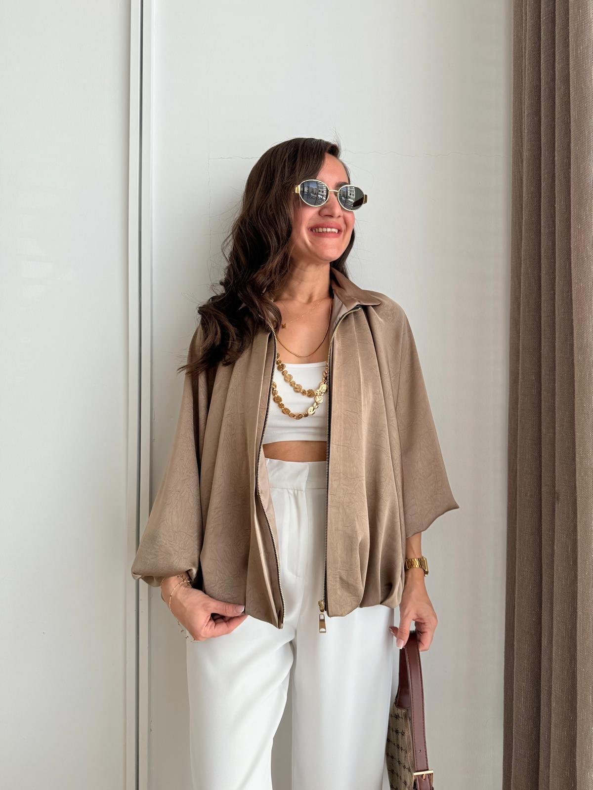 Vizon Gold Fermuarlı Saten Bomber Ceket 9584