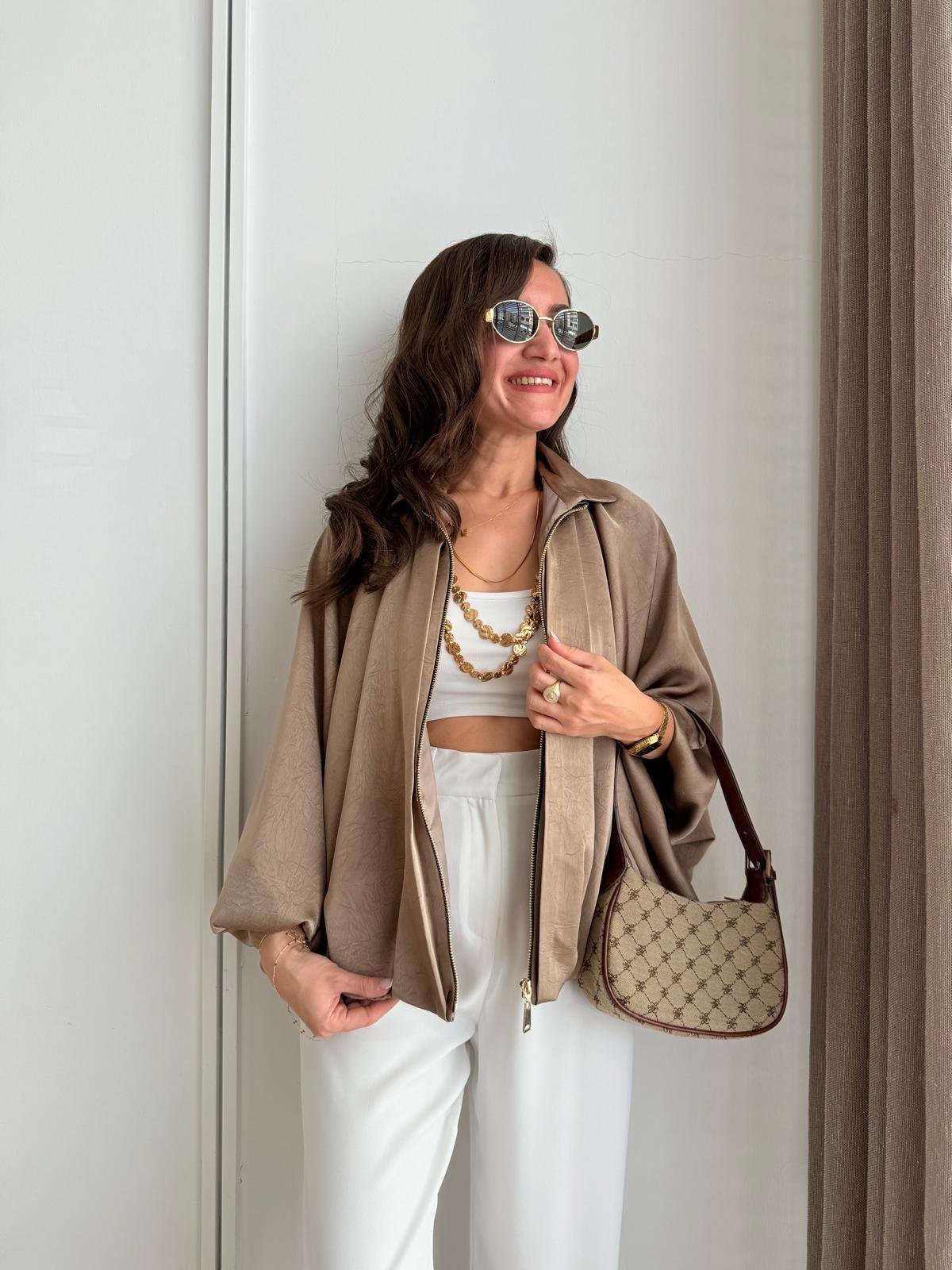 Vizon Gold Fermuarlı Saten Bomber Ceket 9584