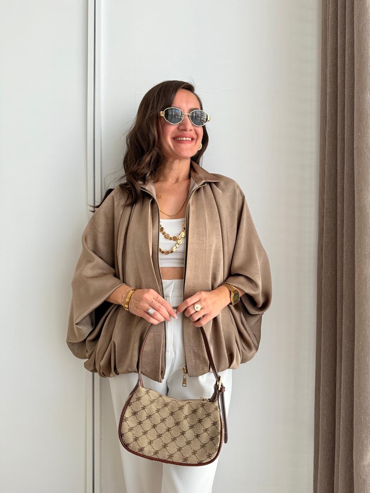 Vizon Gold Fermuarlı Saten Bomber Ceket 9584