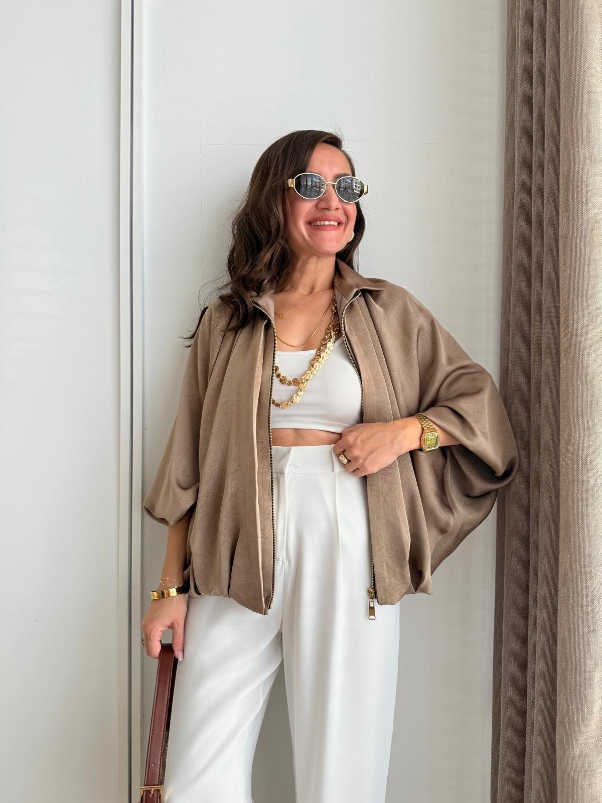 Vizon Gold Fermuarlı Saten Bomber Ceket 9584