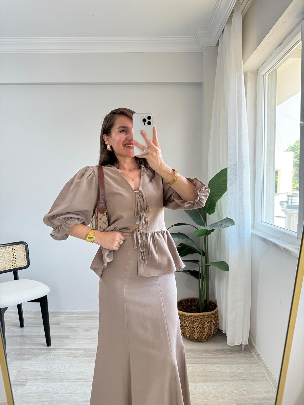 Vizon Keten Bağlamalı Balan Kol Bluz Etek Takım 0619