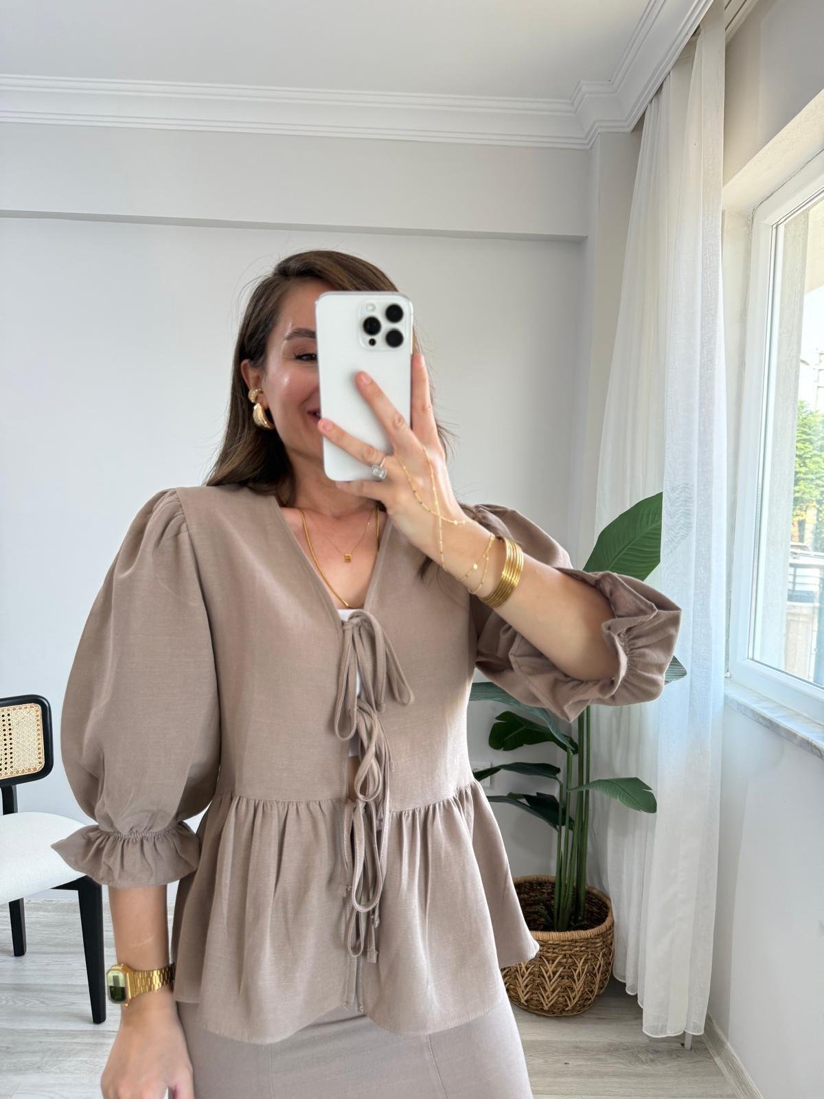 Vizon Keten Bağlamalı Balan Kol Bluz Etek Takım 0619
