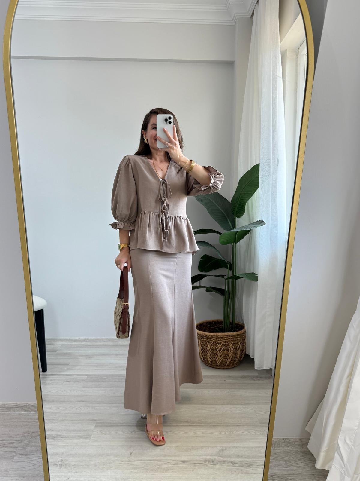 Vizon Keten Bağlamalı Balan Kol Bluz Etek Takım 0619