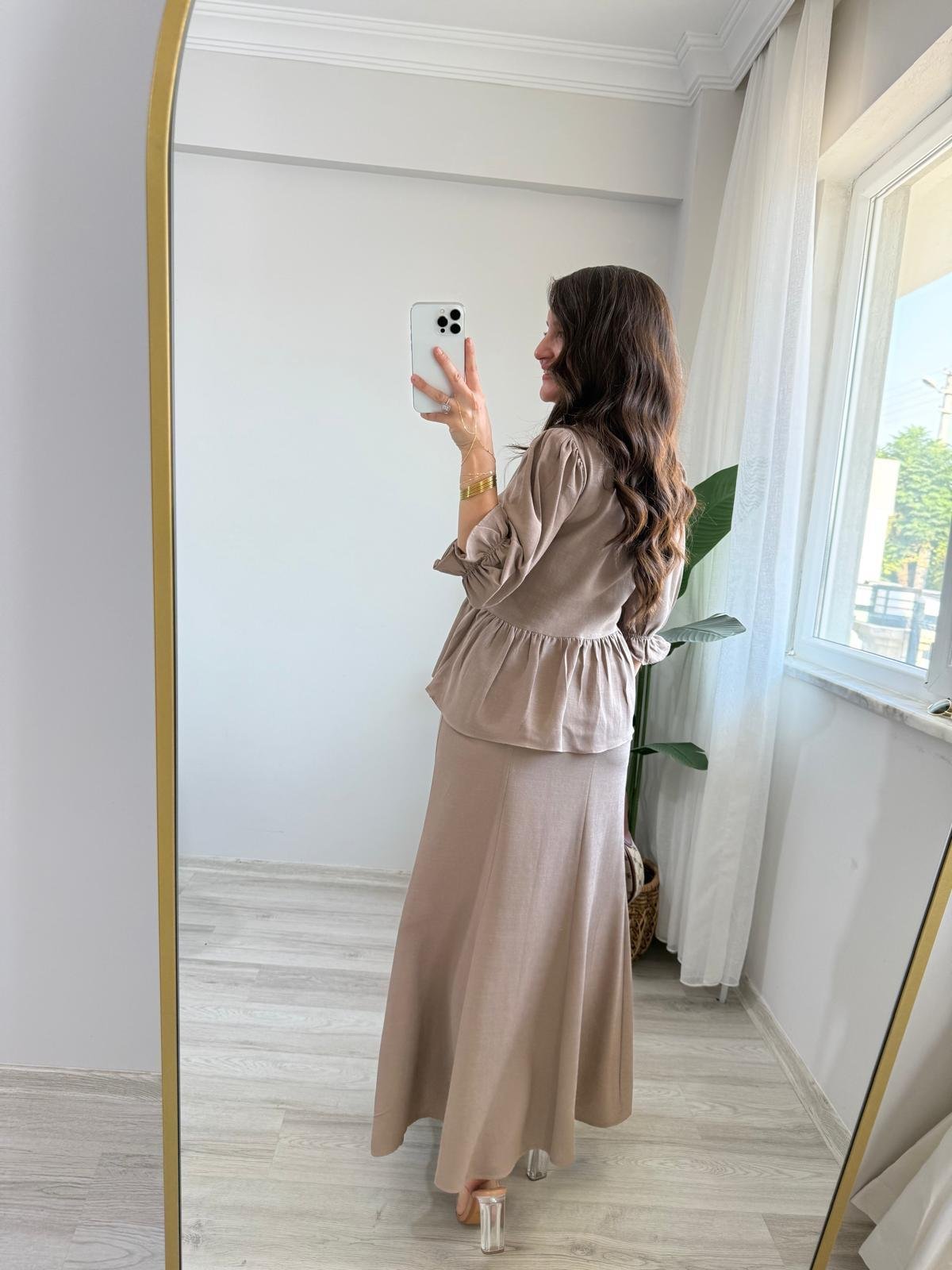 Vizon Keten Bağlamalı Balan Kol Bluz Etek Takım 0619