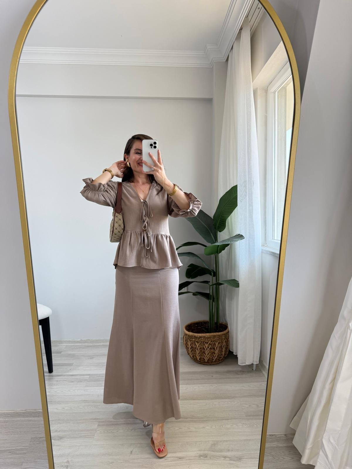 Vizon Keten Bağlamalı Balan Kol Bluz Etek Takım 0619