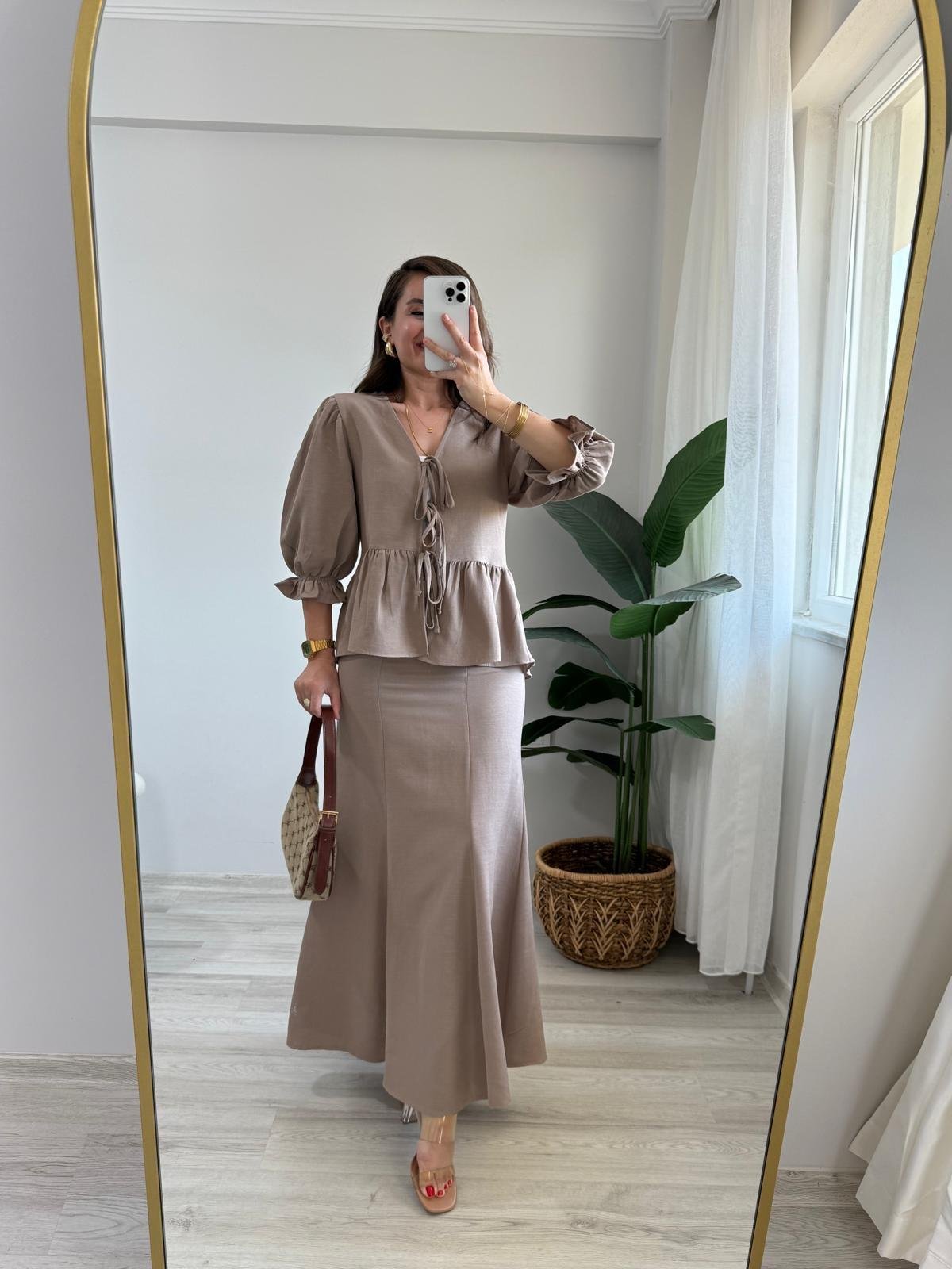 Vizon Keten Bağlamalı Balan Kol Bluz Etek Takım 0619