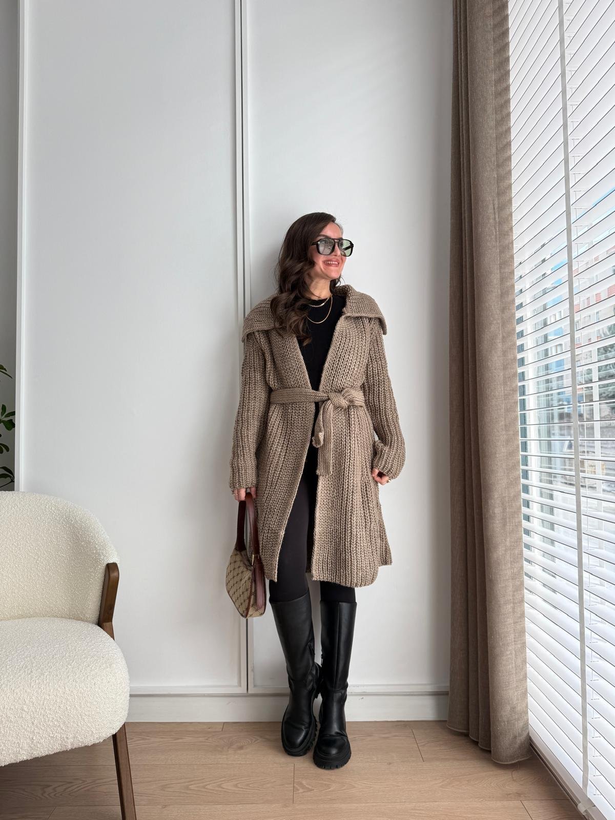 Vizon Kuşaklı Örme Triko Hırka 4032
