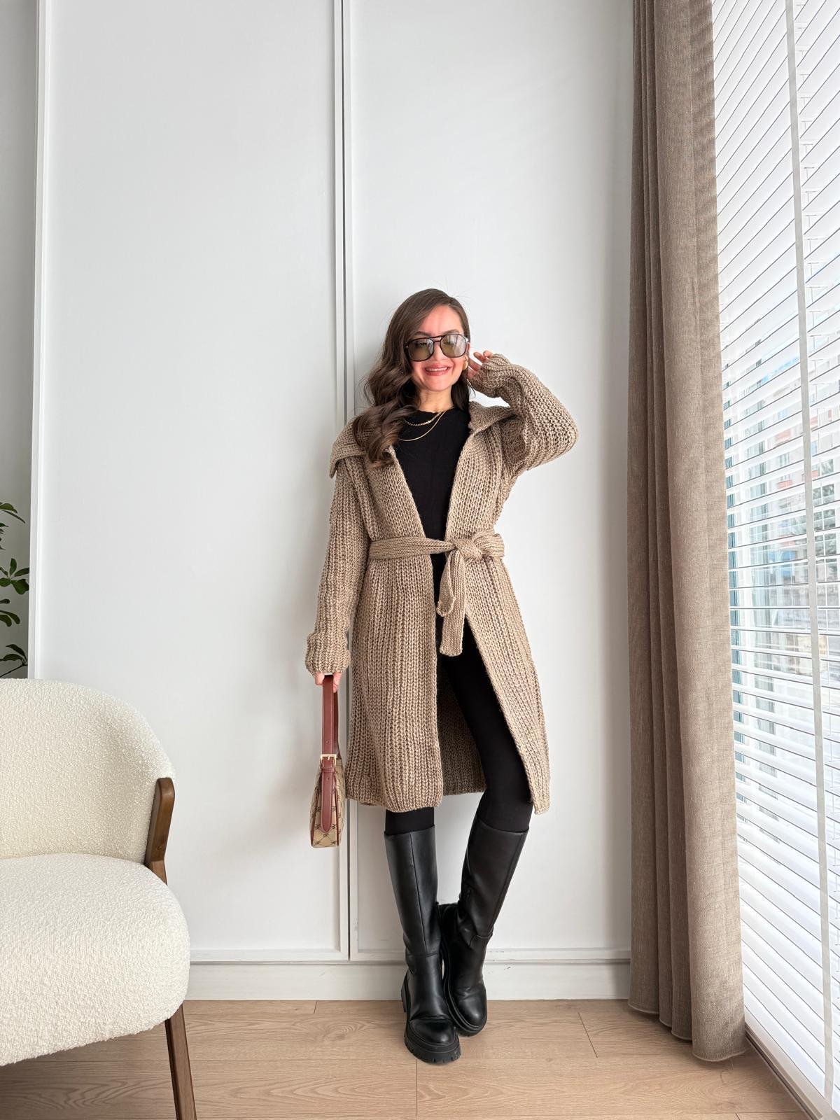 Vizon Kuşaklı Örme Triko Hırka 4032