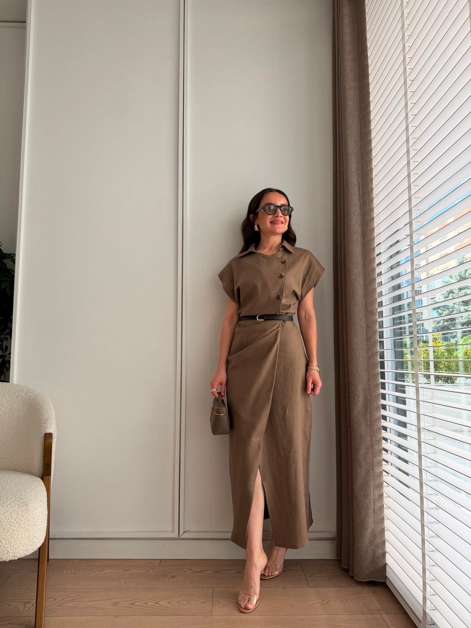 Vizon Ön Drapeli Yırtmaçlı Keten Elbise 37490