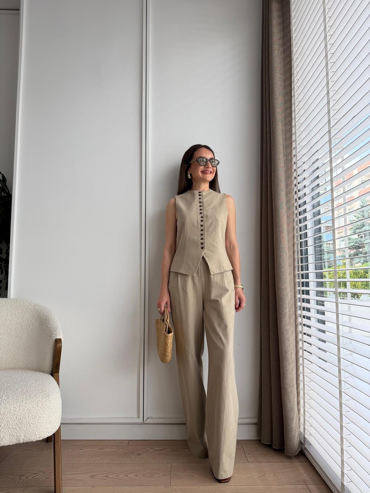 Vizon Ön Düğmeli Yelek Pantolon Takım 9148
