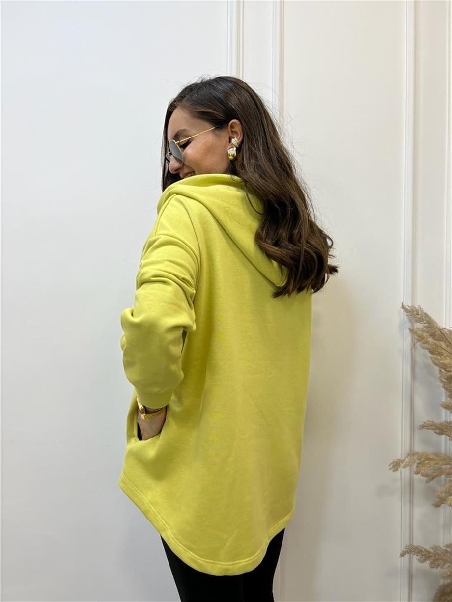 Yağ Yeşili V Yaka Kapüşonlu Sweatshirt 5054